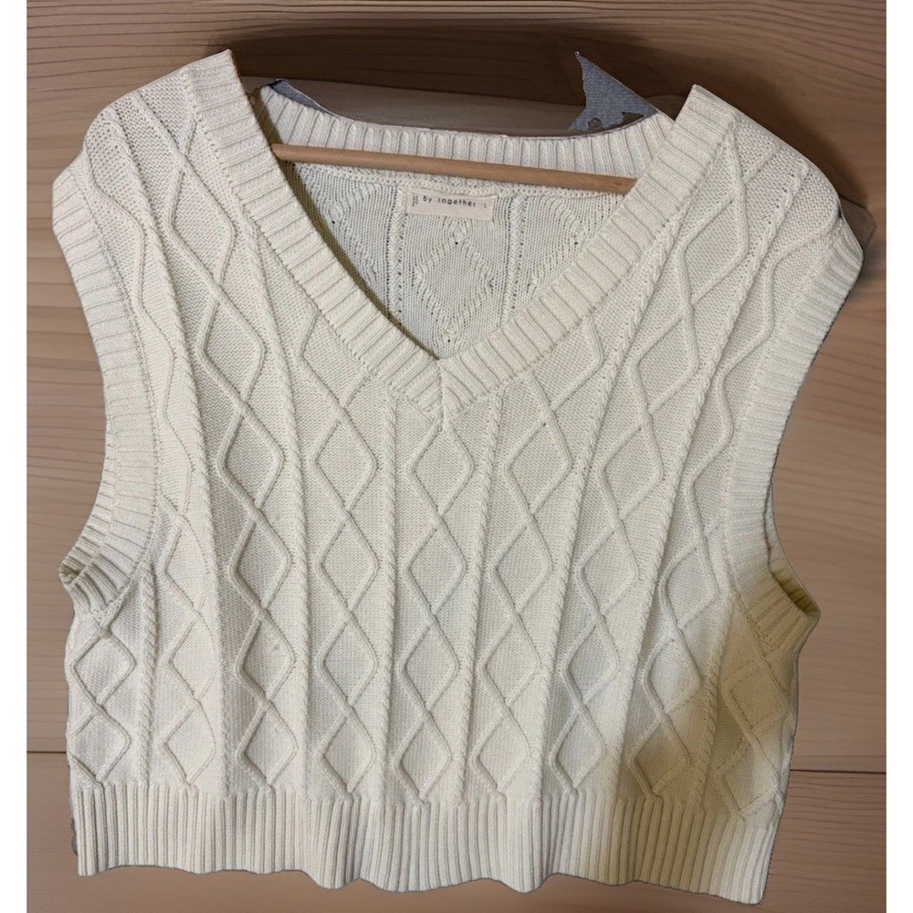 By Together Womens Cream V-Neck Knitted Sweater Vest Size Large